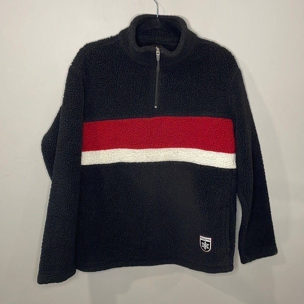 Roots 1/4 Zip Black with Red & White Stripe "Teddy" Fleece Pullover Woman's S